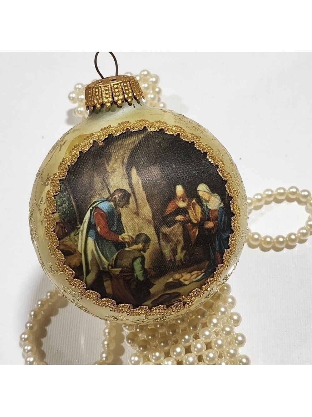 Vtg West Germany Silk Glass hand decorated Nativity ball Christmas ornament